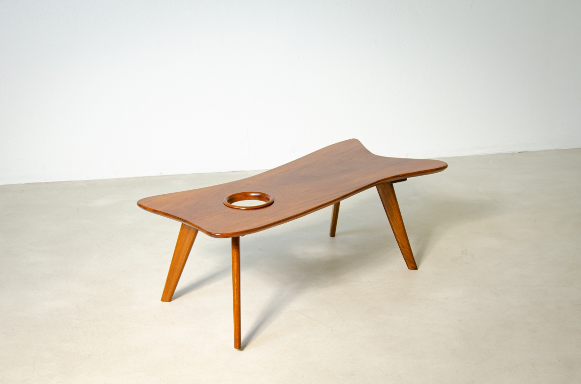 Giuseppe Scapinelli (1891 - 1982)  Unique wooden coffee table with shaped top with a hole inspired by a painter's palette.  Brazil, 1950's.