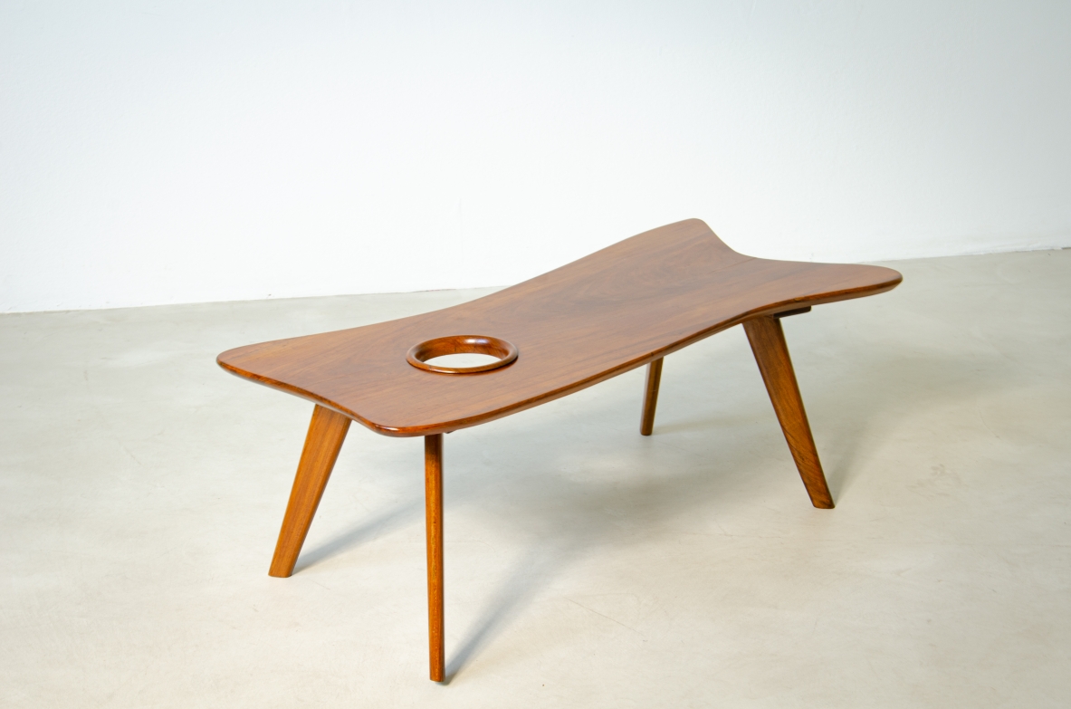 Giuseppe Scapinelli (1891 - 1982)  Unique wooden coffee table with shaped top with a hole inspired by a painter's palette.  Brazil, 1950's.