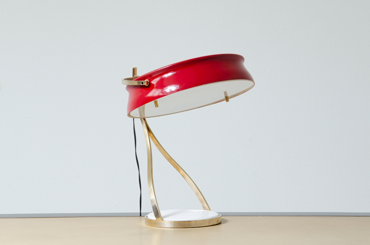 Table lamp with adjustable lampshade in red painted metal and perplex, with brass structure and marble base.  Italian manufacture, 1960's