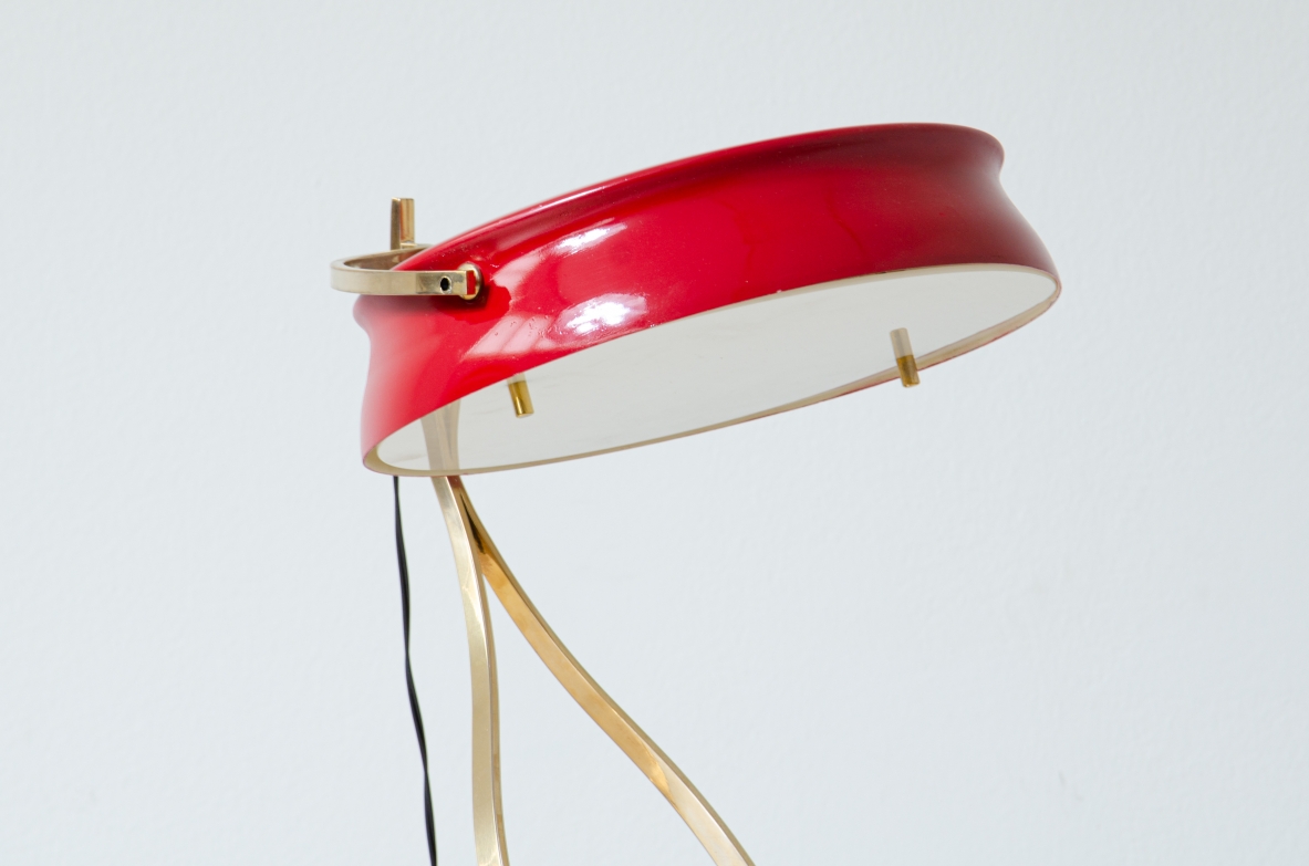 Table lamp with adjustable lampshade in red painted metal and perplex, with brass structure and marble base.  Italian manufacture, 1960's