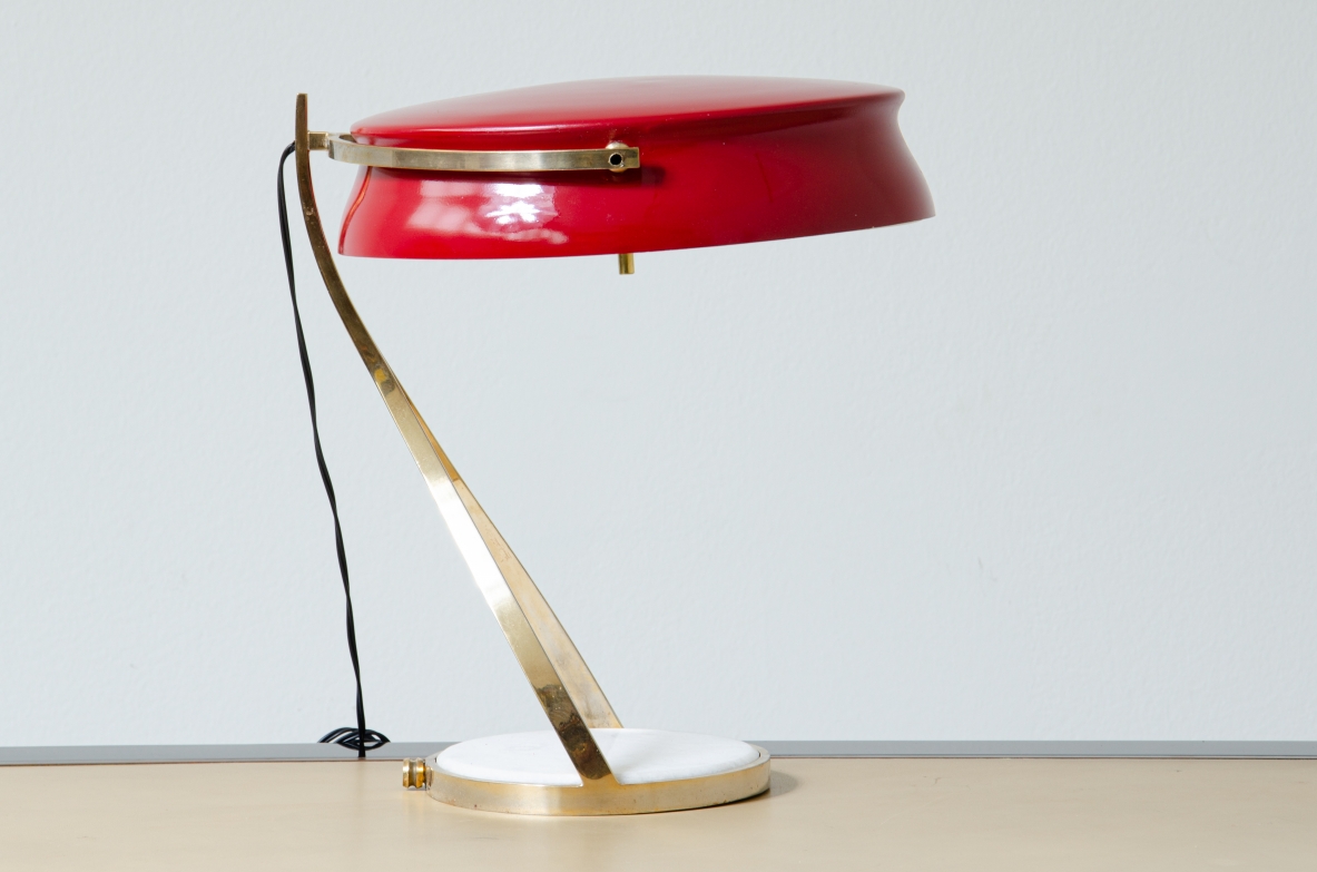 Table lamp with adjustable lampshade in red painted metal and perplex, with brass structure and marble base.  Italian manufacture, 1960's
