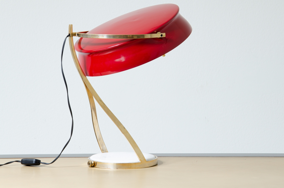 Table lamp with adjustable lampshade in red painted metal and perplex, with brass structure and marble base.  Italian manufacture, 1960's