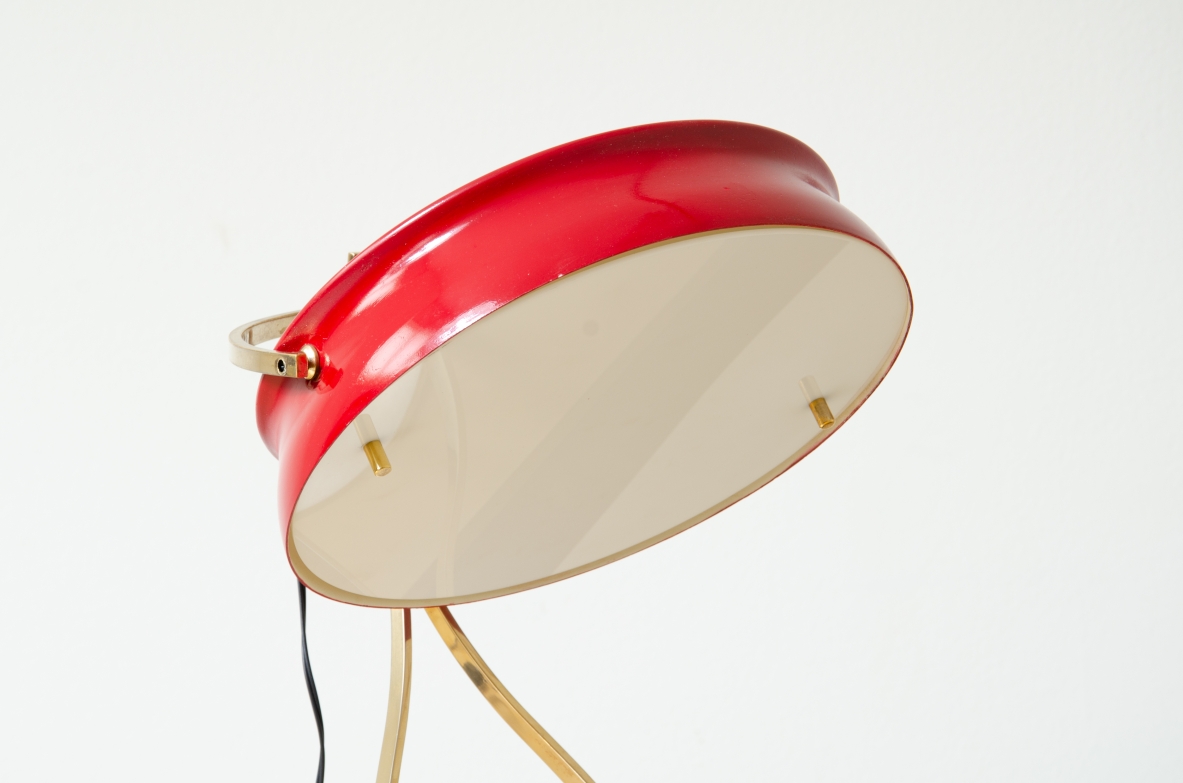 Table lamp with adjustable lampshade in red painted metal and perplex, with brass structure and marble base.  Italian manufacture, 1960's