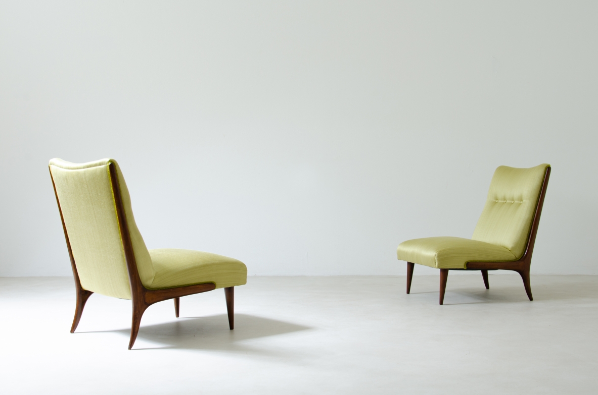 Pair of refined armchairs in polished wood with upholstered seat and back.  1950's Italian manufacture.