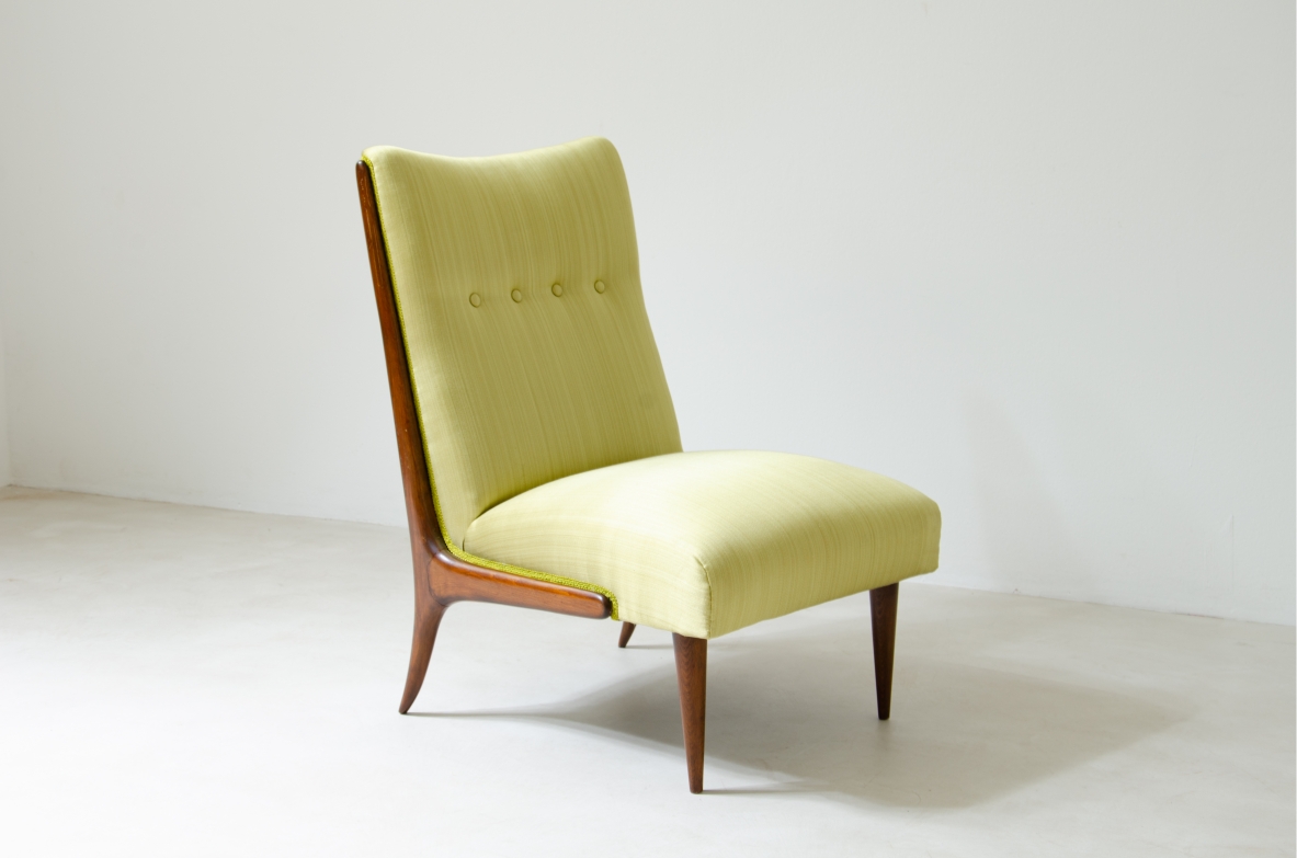 Pair of refined armchairs in polished wood with upholstered seat and back.  1950's Italian manufacture.