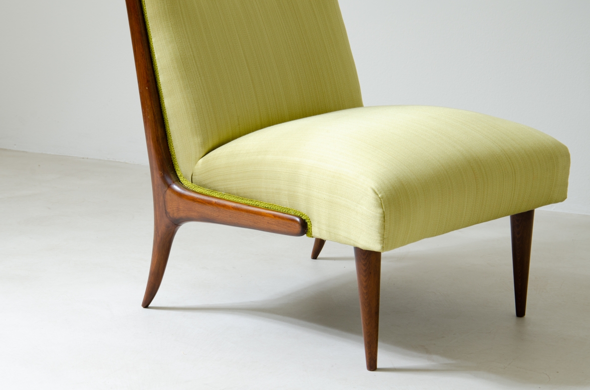 Pair of refined armchairs in polished wood with upholstered seat and back.  1950's Italian manufacture.