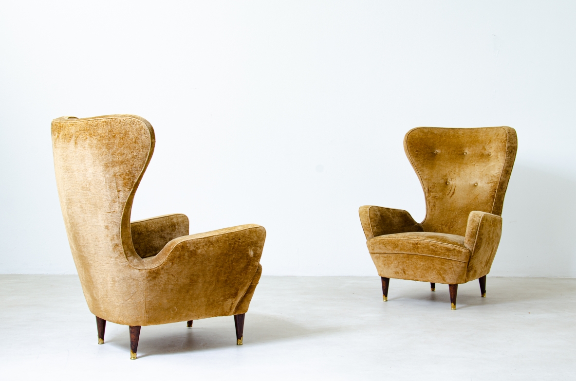 Pair of elegant organic armchairs with high back. Italian manufacture, 1950's.