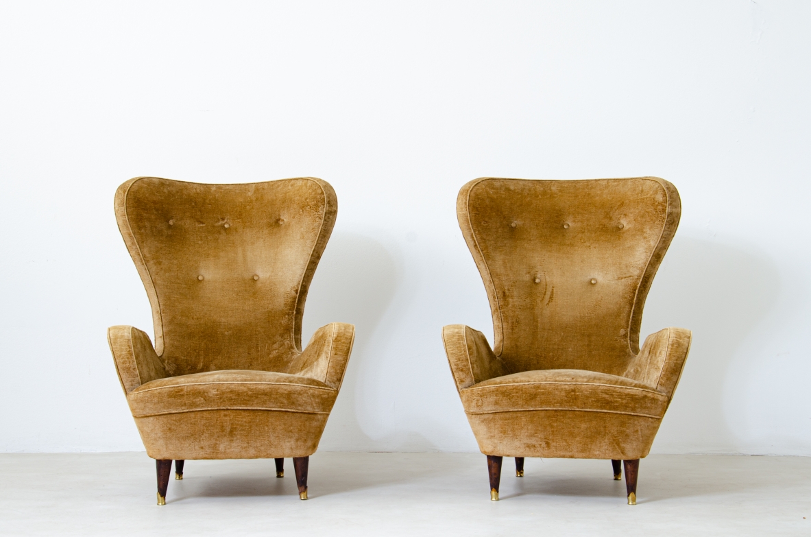Pair of elegant organic armchairs with high back. Italian manufacture, 1950's.