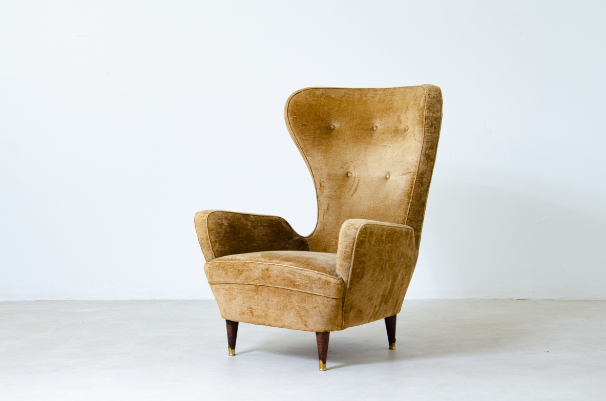 Pair of elegant organic armchairs with high back. Italian manufacture, 1950's.