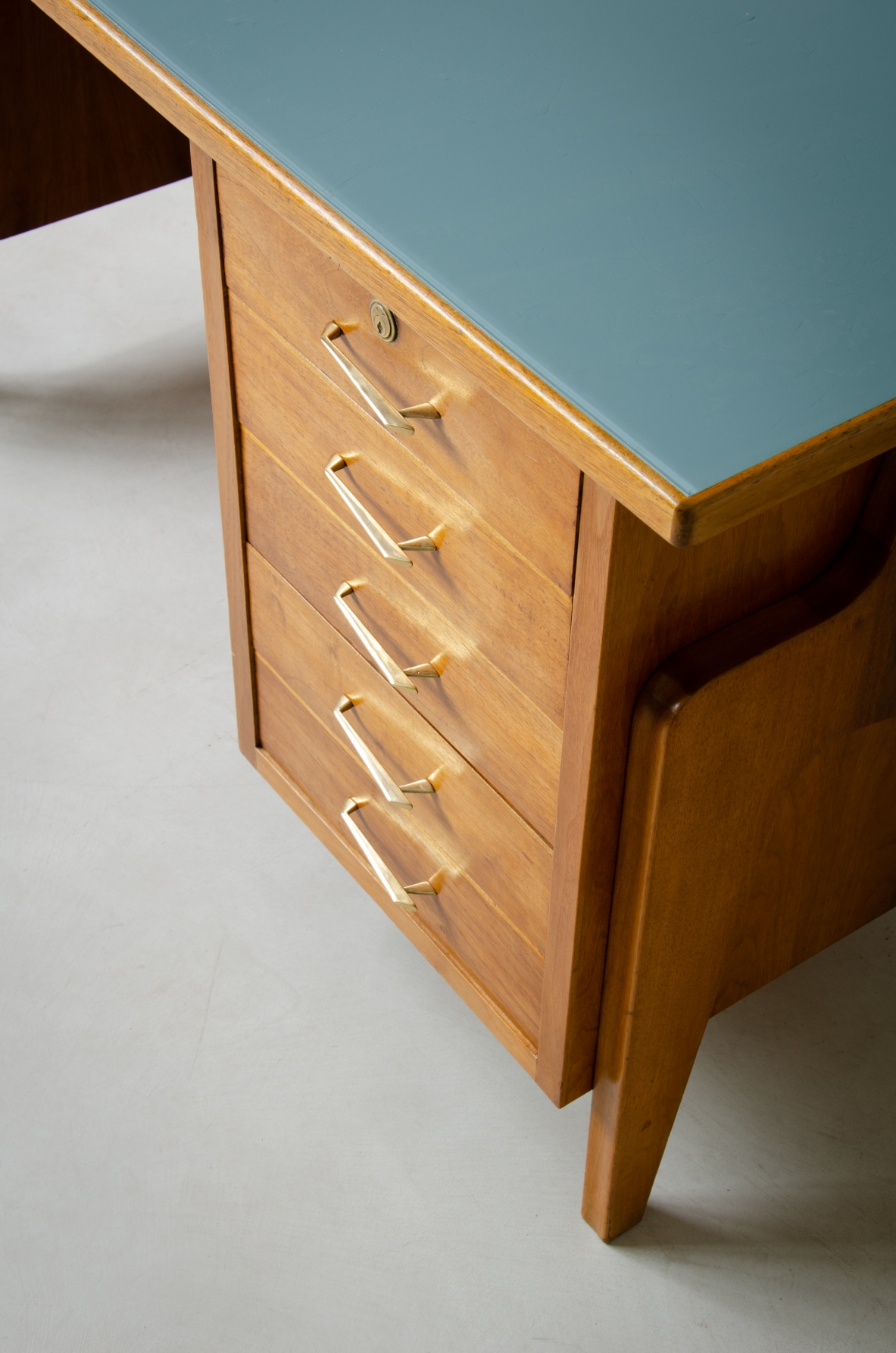 Oak desk with ribbed wood structure and green opaline glass top. Turin school, Italy, 1950's