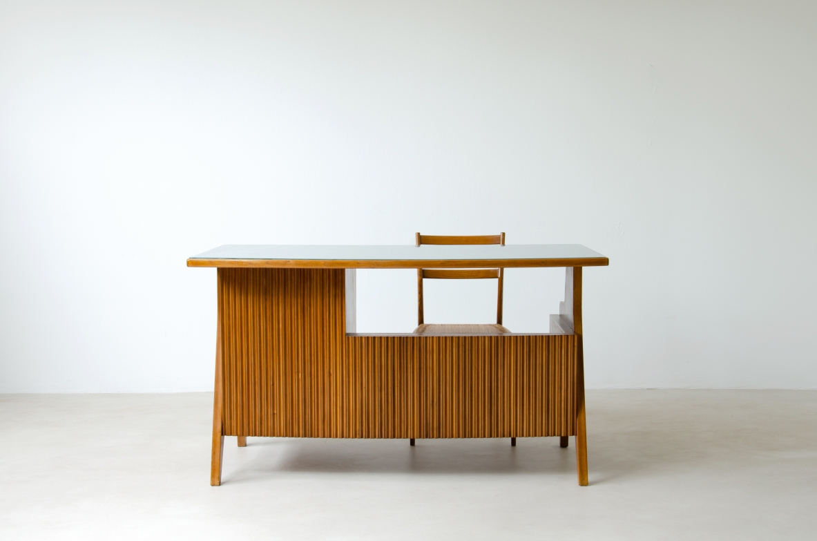 Oak desk with ribbed wood structure and green opaline glass top. Turin school, Italy, 1950's