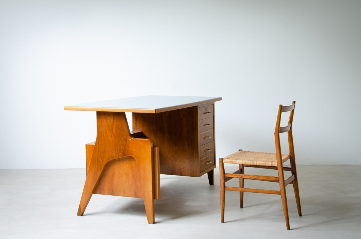 Oak desk with ribbed wood structure and green opaline glass top. Turin school, Italy, 1950's