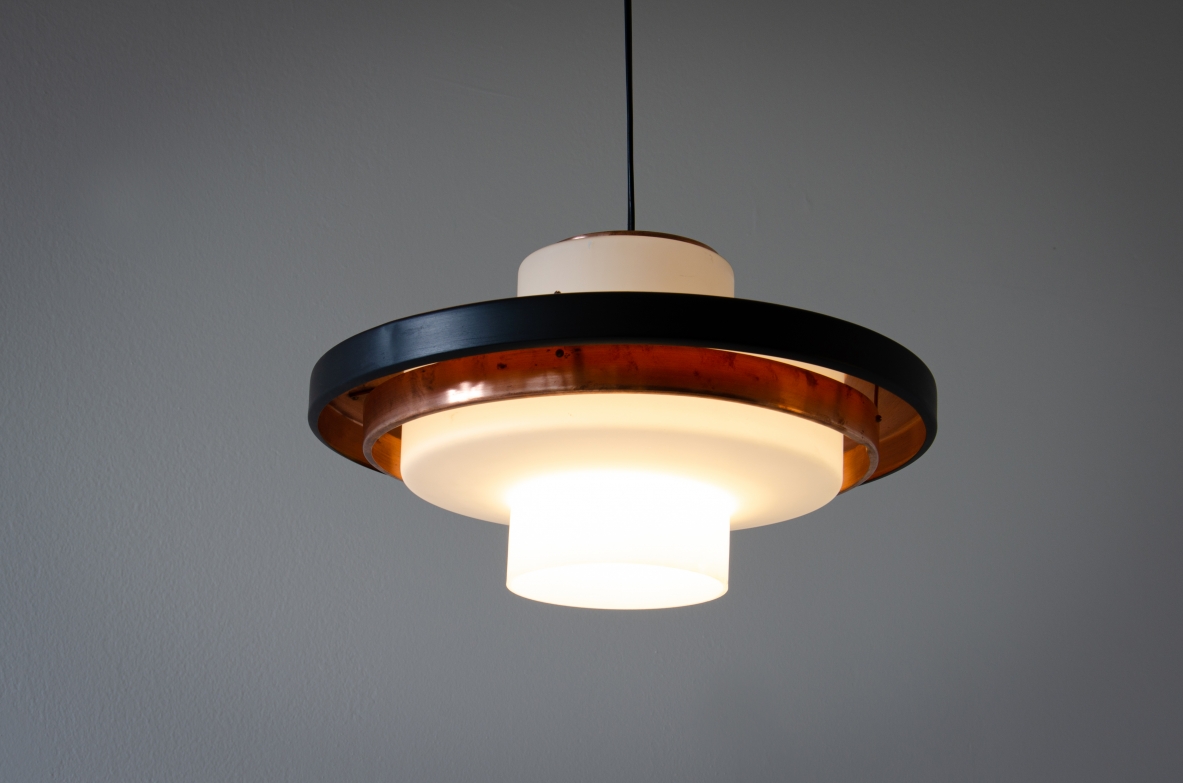 Rare pair of opaline glass chandeliers and copper disc. Stilnovo, 1960's.