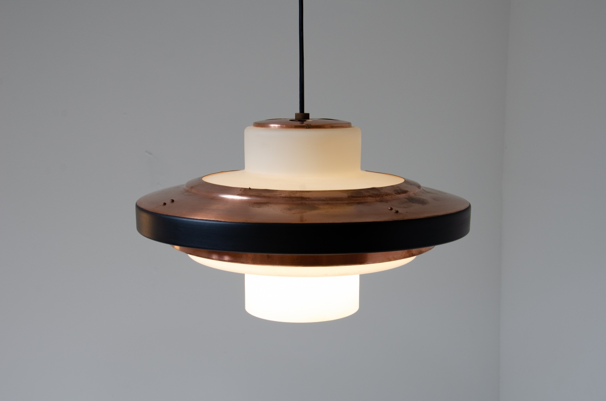 Rare pair of opaline glass chandeliers and copper disc. Stilnovo, 1960's.
