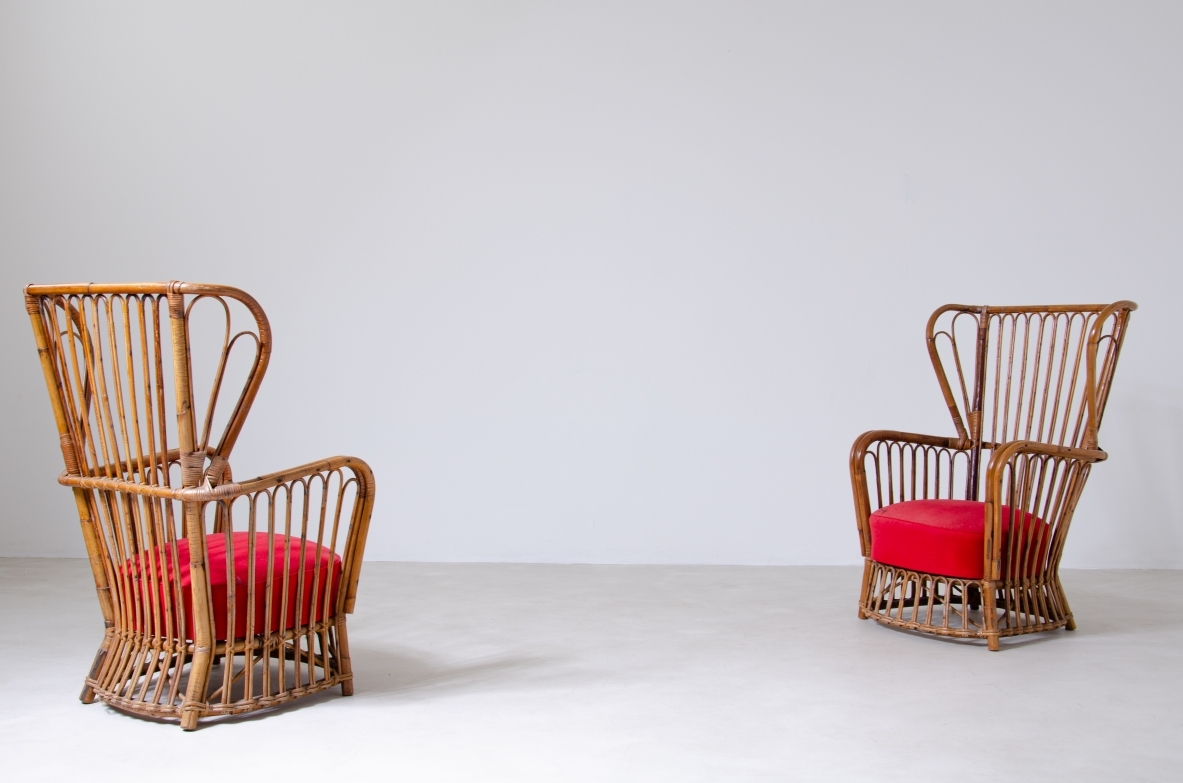 Pair of rattan armchairs with original padded and upholstered seat.  Italian manufacture, 1950s.