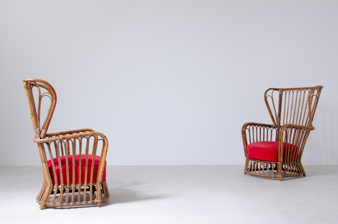 Pair of rattan armchairs with original padded and upholstered seat.  Italian manufacture, 1950s.