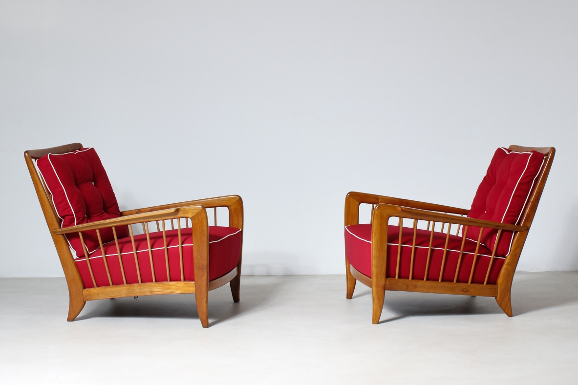 Paolo Buffa 1940's rare pair of armchairs in cherry wood with upholstered seat and back.