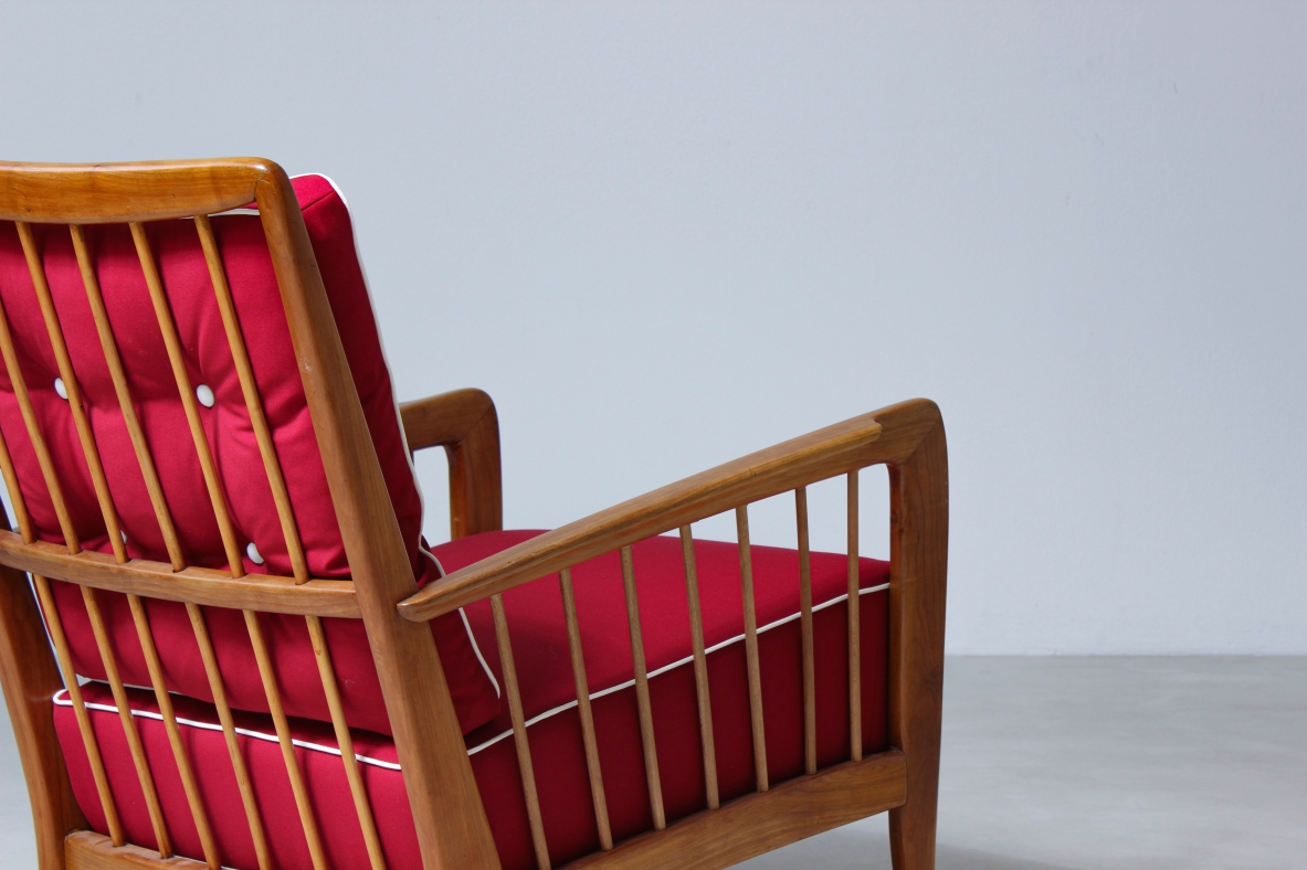 Paolo Buffa 1940's rare pair of armchairs in cherry wood with upholstered seat and back.