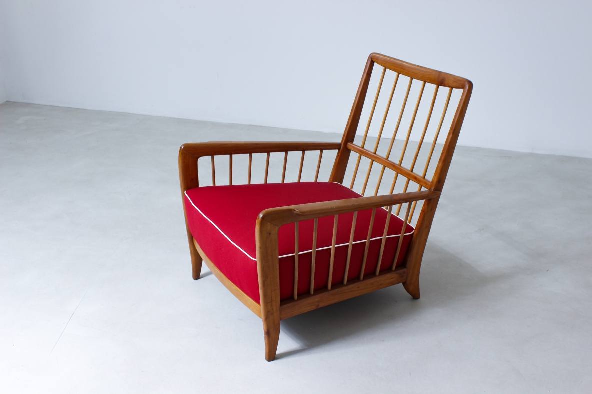 Paolo Buffa 1940's rare pair of armchairs in cherry wood with upholstered seat and back.