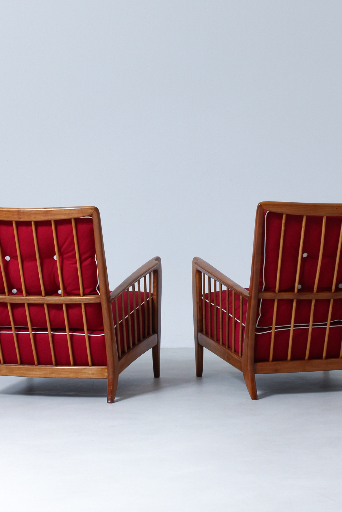 Paolo Buffa 1940's rare pair of armchairs in cherry wood with upholstered seat and back.