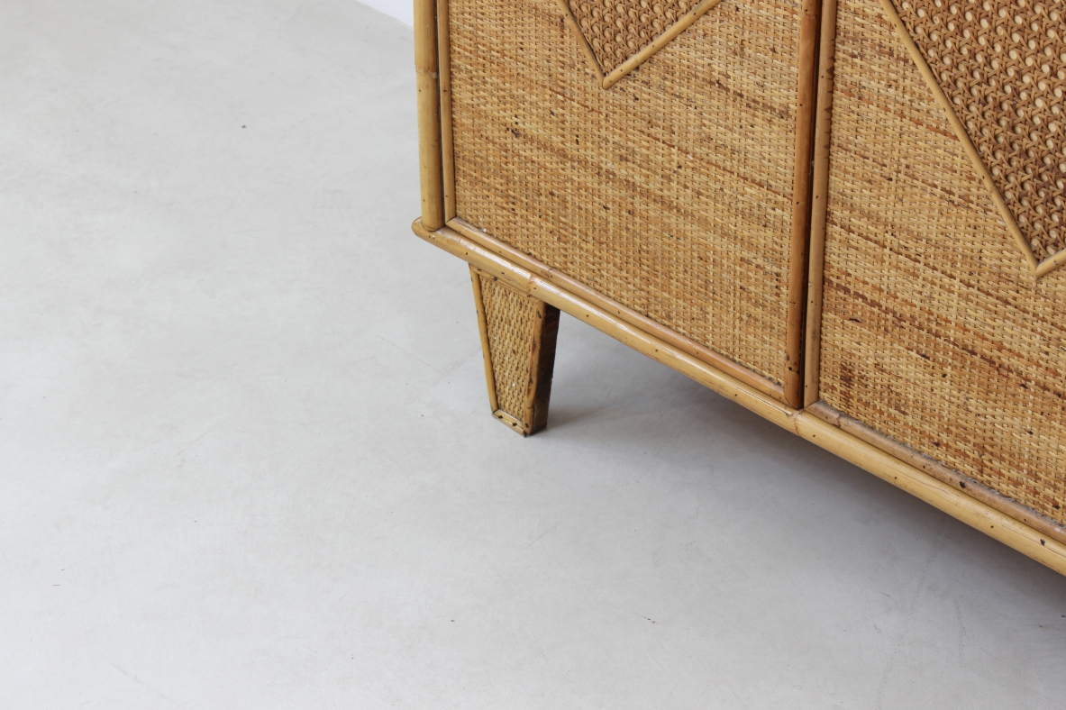 Wardrobe in ash wood, covering in raffia and rattan. Vivai del Sud, 1960's.
