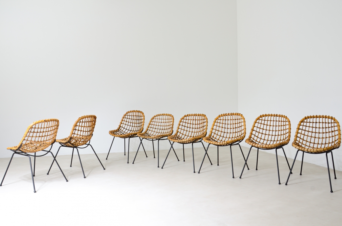 Gian Franco Legler. Set di otto sedie in rattan curvato e tondino di ferro, 1960ca
