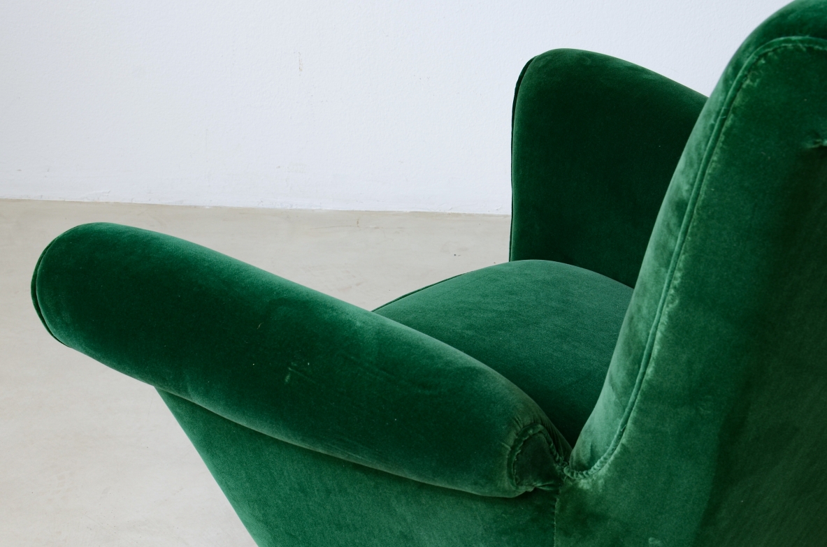 Pair of elegant upholstered velvet high back armchairs.  Italian manufacture around 1950.