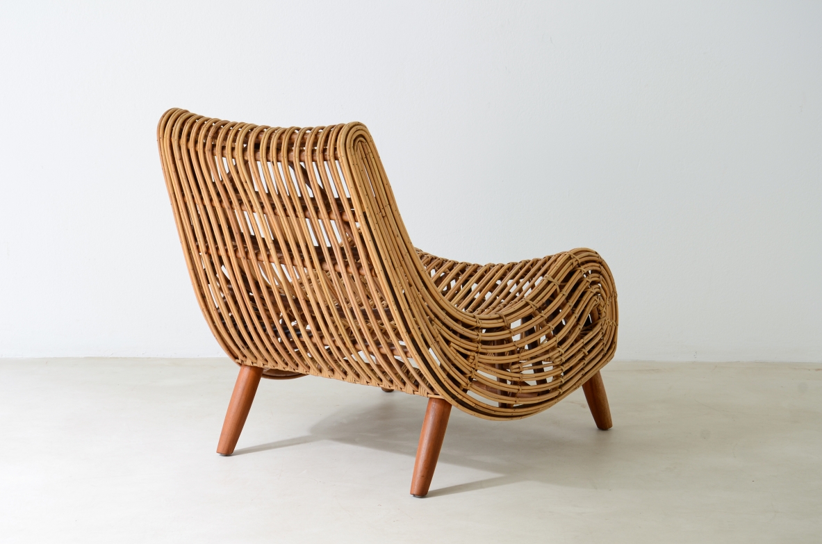 Piero Palange e Werther Toffoloni   Splendida coppia di poltrone in giunco con struttura in legno.  Produzione Gervasoni, Italia, anni 1960ca