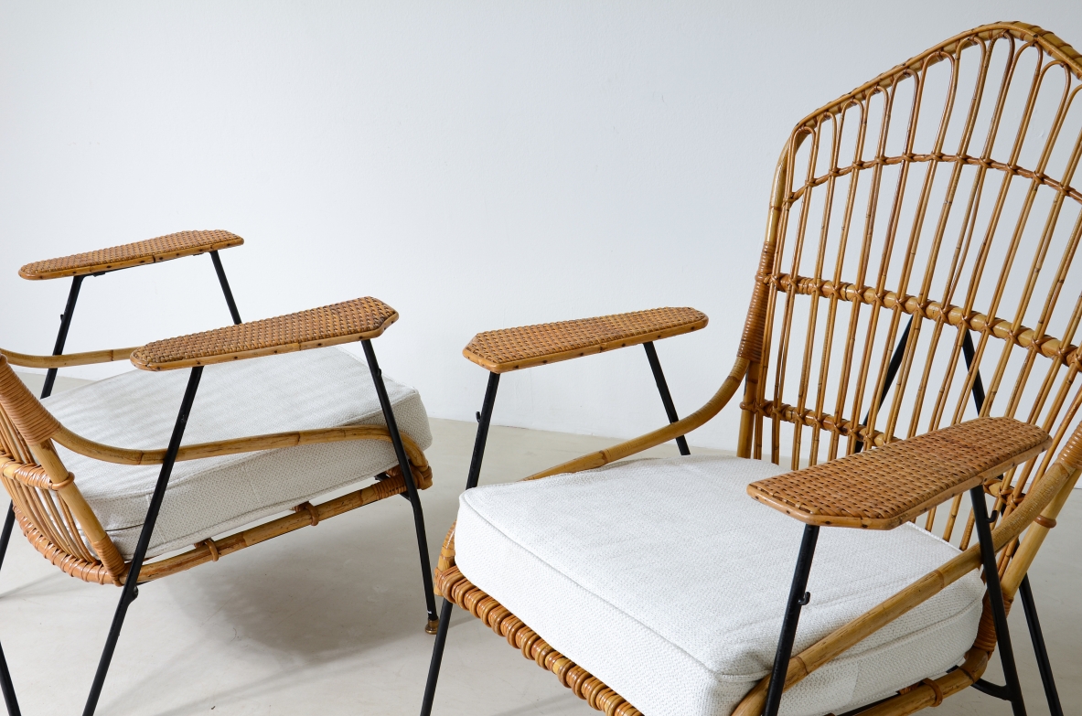 Vito Latis (1912-1996)  Unique pair of armchairs in curved metal, seat and back in rattan and armrests in woven Indian cane  with brass tips.  Italian 1950's manufacture.