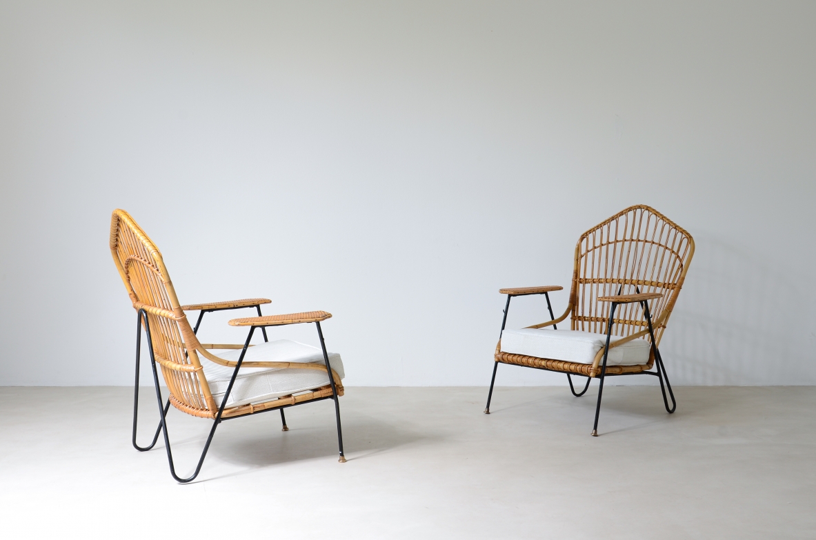 Vito Latis (1912-1996)  Unique pair of armchairs in curved metal, seat and back in rattan and armrests in woven Indian cane  with brass tips.  Italian 1950's manufacture.