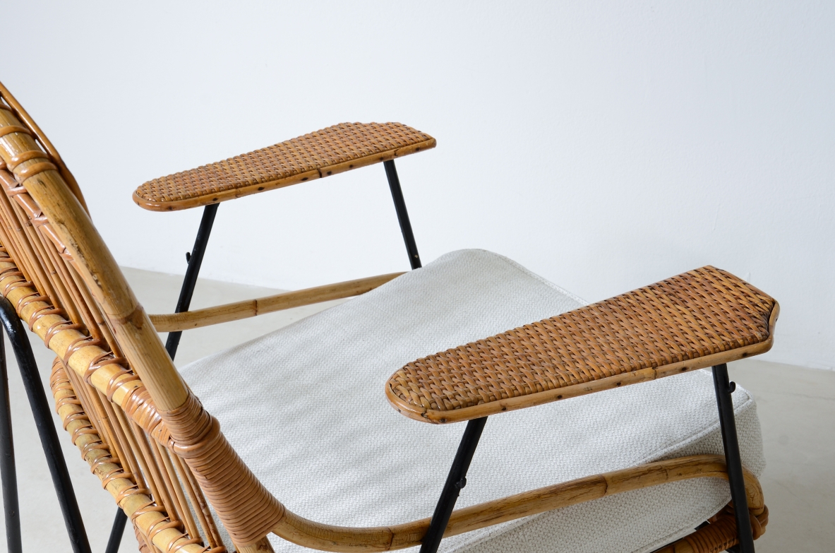 Vito Latis (1912-1996)  Unique pair of armchairs in curved metal, seat and back in rattan and armrests in woven Indian cane  with brass tips.  Italian 1950's manufacture.