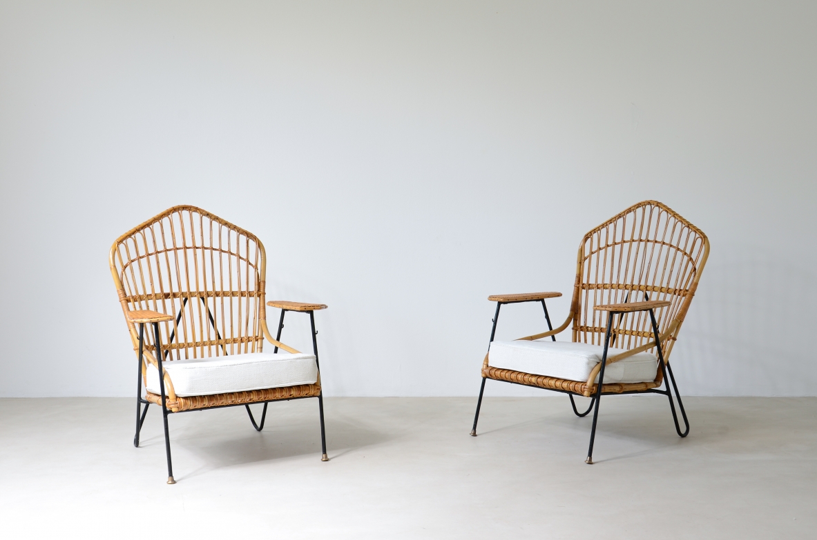 Vito Latis (1912-1996)  Unique pair of armchairs in curved metal, seat and back in rattan and armrests in woven Indian cane  with brass tips.  Italian 1950's manufacture.