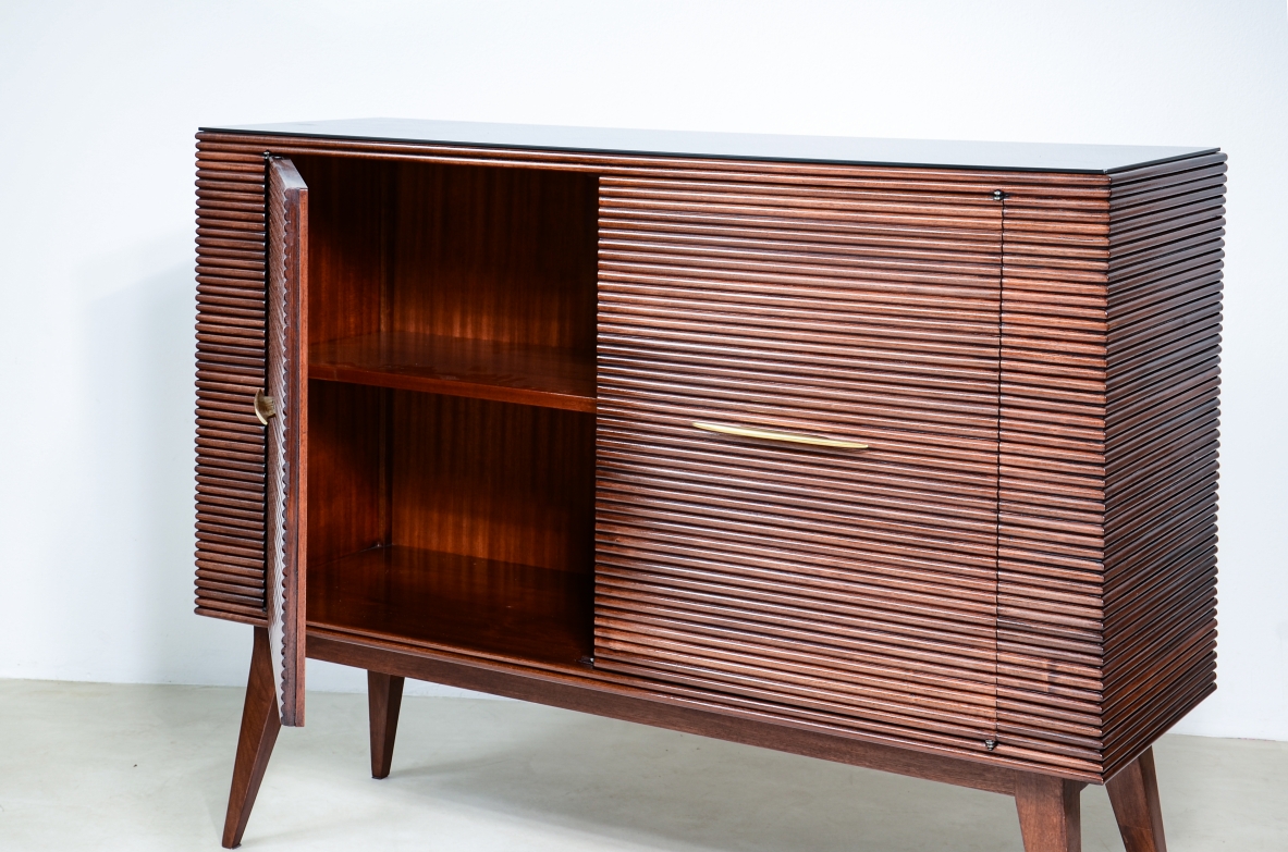Paolo Buffa  Two rare elegant cabinets with front and sides in grinded wood opaline glass top and long feet with shaped brass handles.