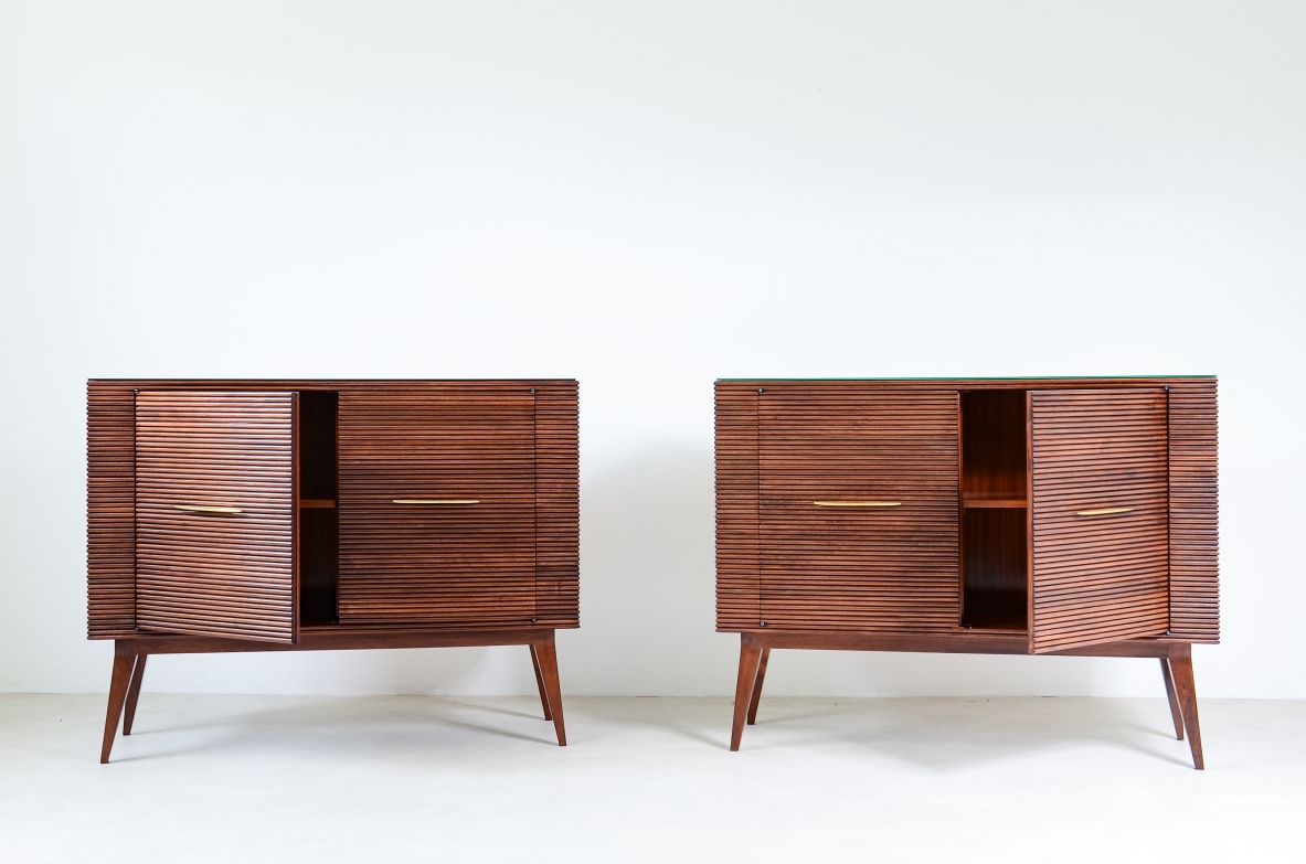 Paolo Buffa  Two rare elegant cabinets with front and sides in grinded wood opaline glass top and long feet with shaped brass handles.  1950's manufacture.