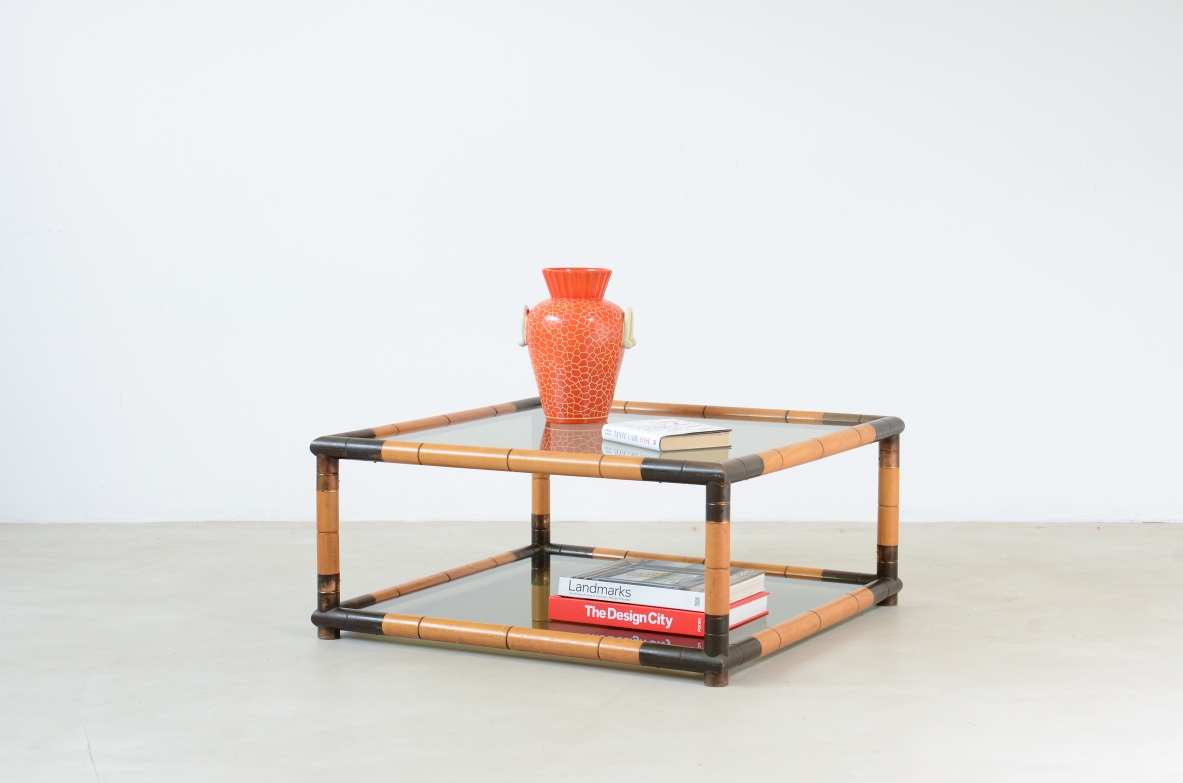 Living room table in imitation bamboo wood with turned and burnished brass corners. Two shades in ground smoked glass.  Italian 1970s manufacture.