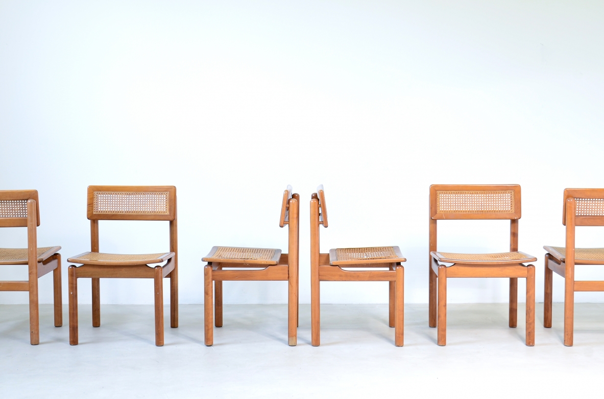Set di 6 sedie in legno chiaro con seduta e schienale in paglia di Vienna.  Manifattura italiana 1960ca.