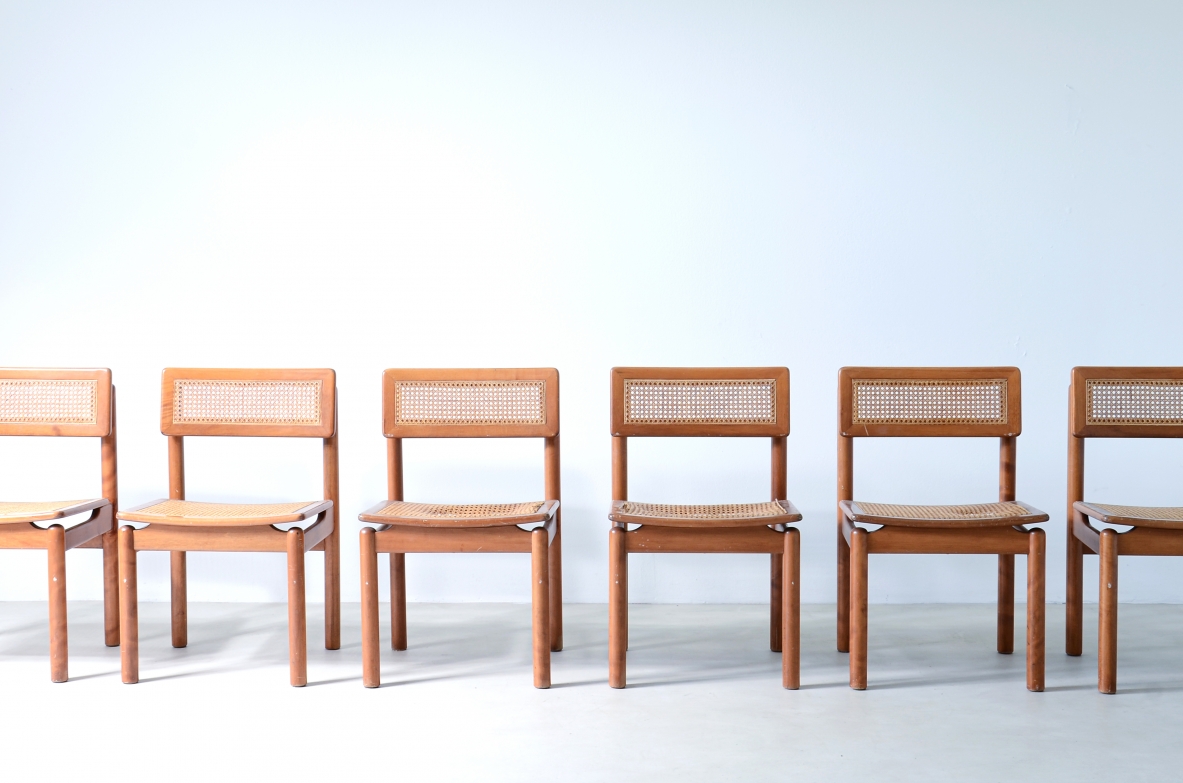 Set di 6 sedie in legno chiaro con seduta e schienale in paglia di Vienna.  Manifattura italiana 1960ca.