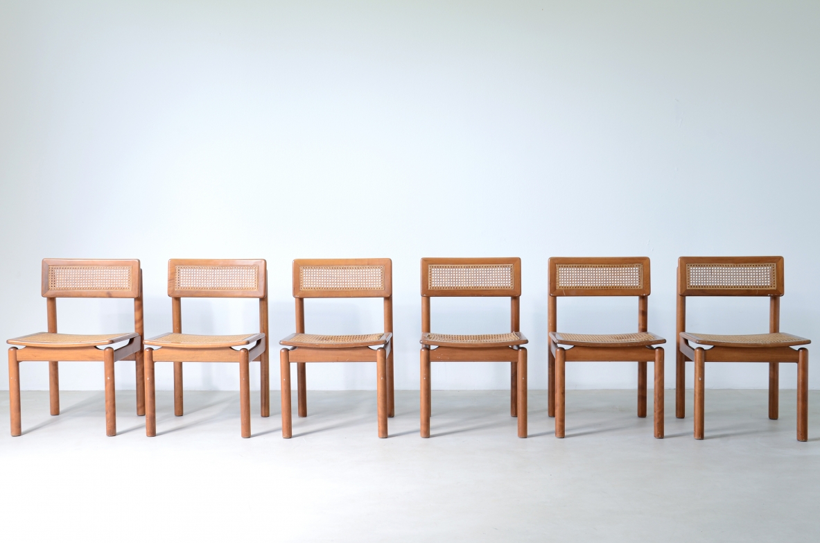 Set di 6 sedie in legno chiaro con seduta e schienale in paglia di Vienna.  Manifattura italiana 1960ca.