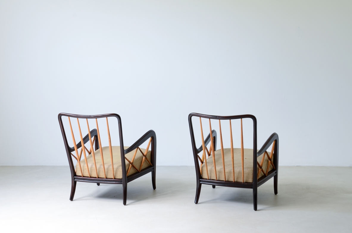 Paolo Buffa  Pair of armchairs in stained polished wood and blond maple with upholstered seat and cushion on the back.  Italian manufacture around 1935.
