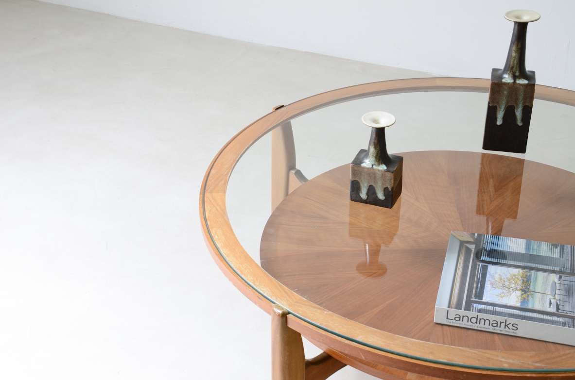 Large low table in light wood with ground glass top and wooden top.  Italian manufacture, around 1950.