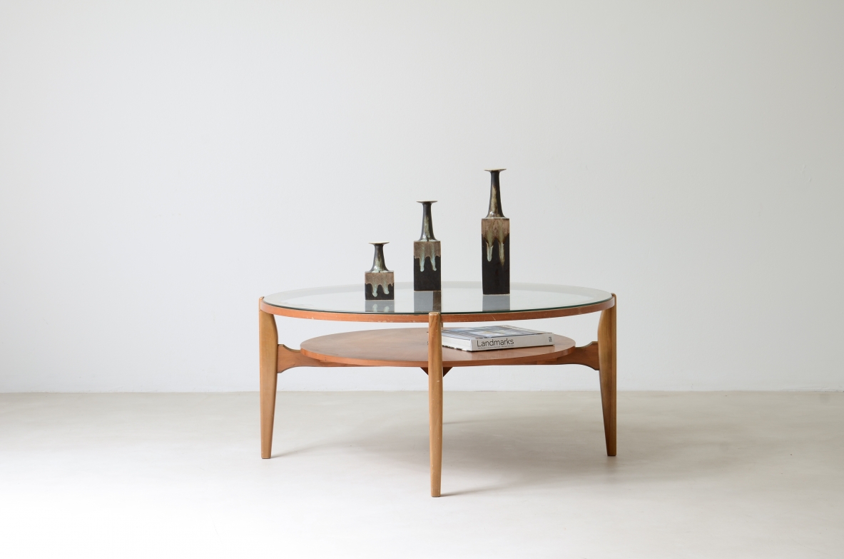 Large low table in light wood with ground glass top and wooden top.  Italian manufacture, around 1950.