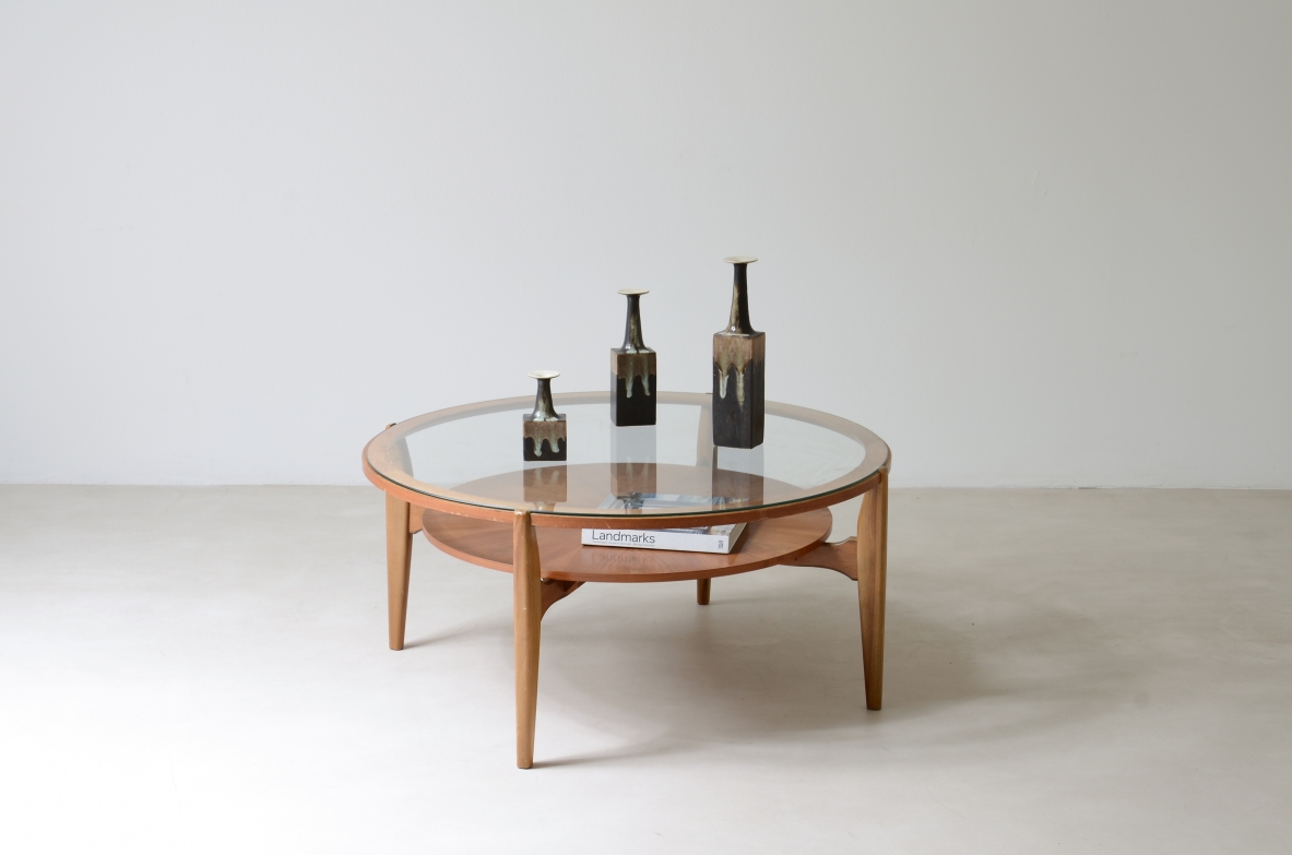 Large low table in light wood with ground glass top and wooden top.  Italian manufacture, around 1950.