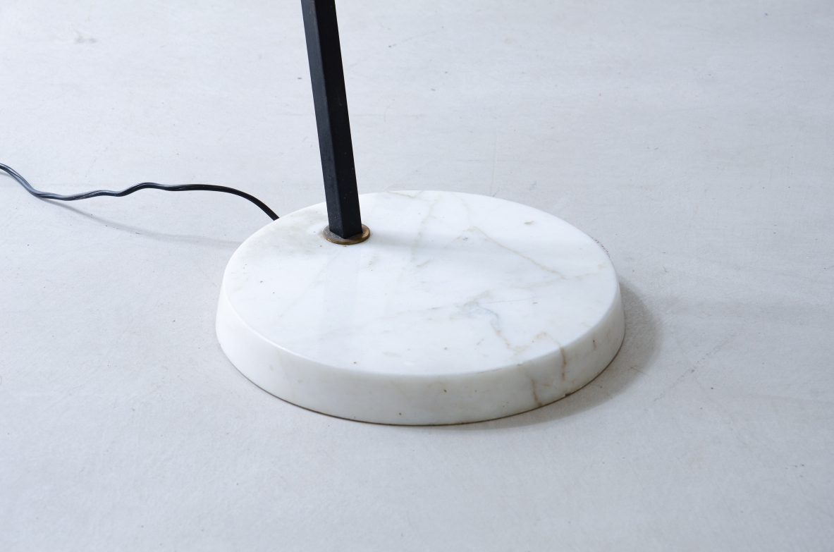 Angelo Ostuni  Elegant floor lamp with adjustable arm, metal and glass hat and diamond cut marble base.  Oluce Milano, Italian manufacture 1950's.