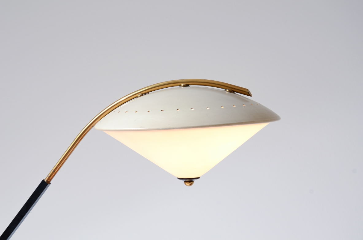 Angelo Ostuni  Elegant floor lamp with adjustable arm, metal and glass hat and diamond cut marble base.  Oluce Milano, Italian manufacture 1950's.