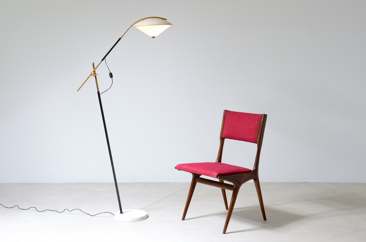 Angelo Ostuni  Elegant floor lamp with adjustable arm, metal and glass hat and diamond cut marble base.  Oluce Milano, Italian manufacture 1950's.