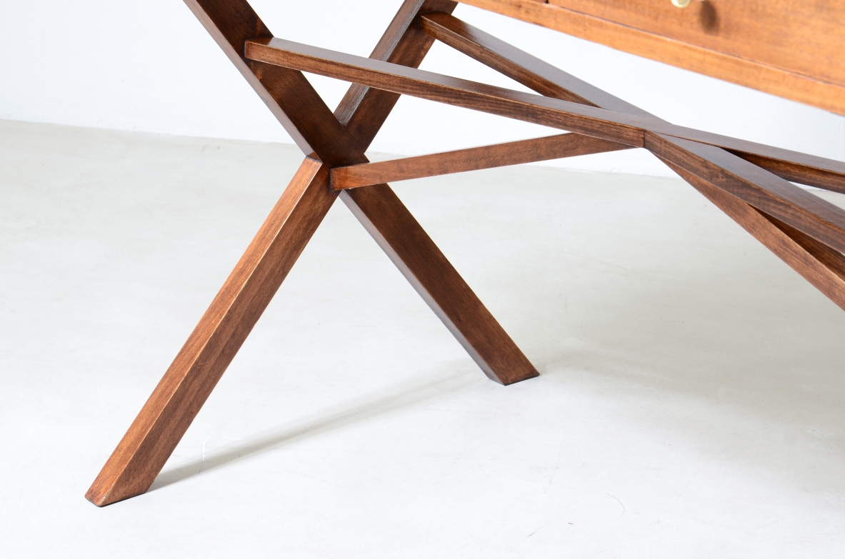 Center desk in walnut with beautiful cross on the base and little houses on the top.  Italian manufacture, 1960's