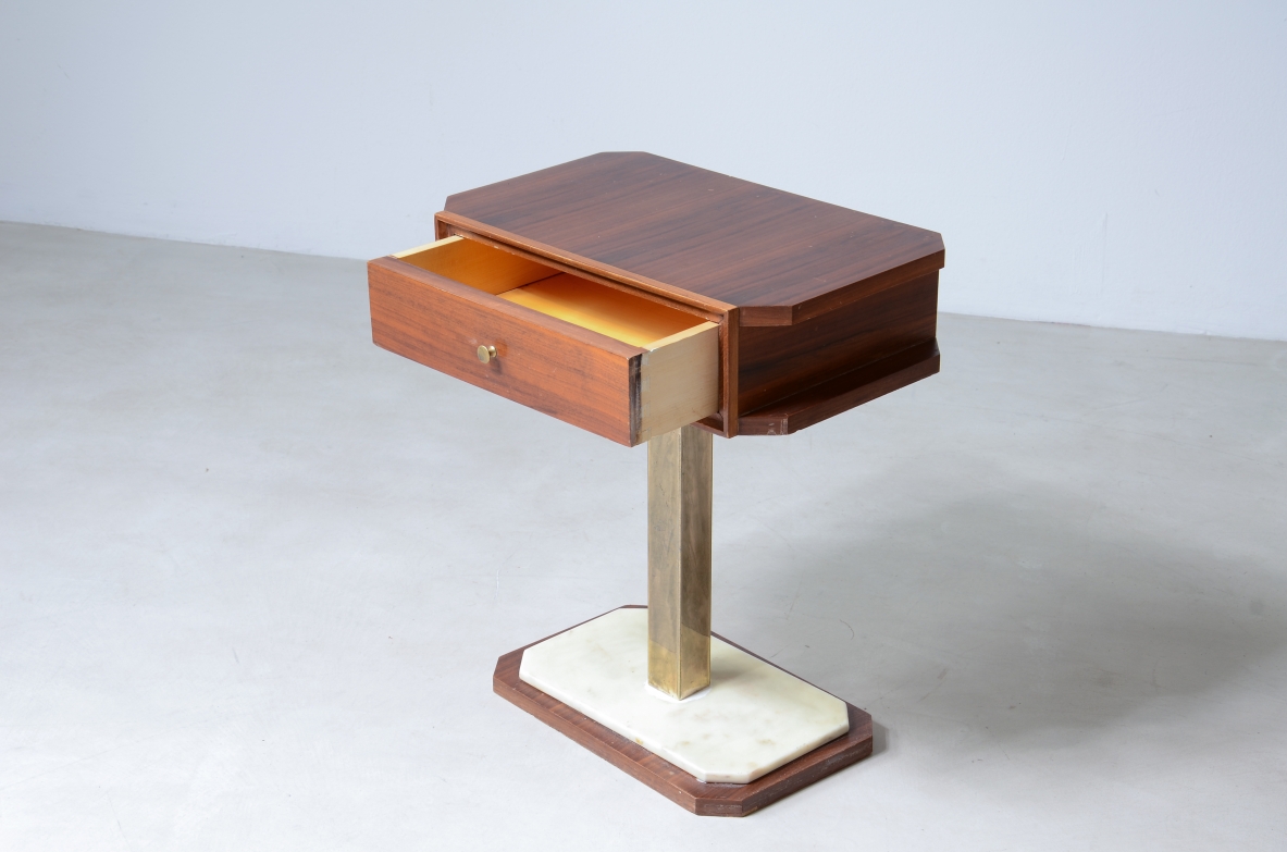 Pair of bedside tables in walnut with marble base and brass column uprights.  Italian manufacture around 1960s.