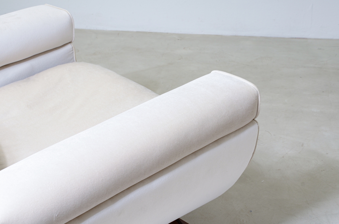 Pair of large organically shaped armchairs with wooden base, covered in cotton velvet.  Italian manufacture from the 1960s