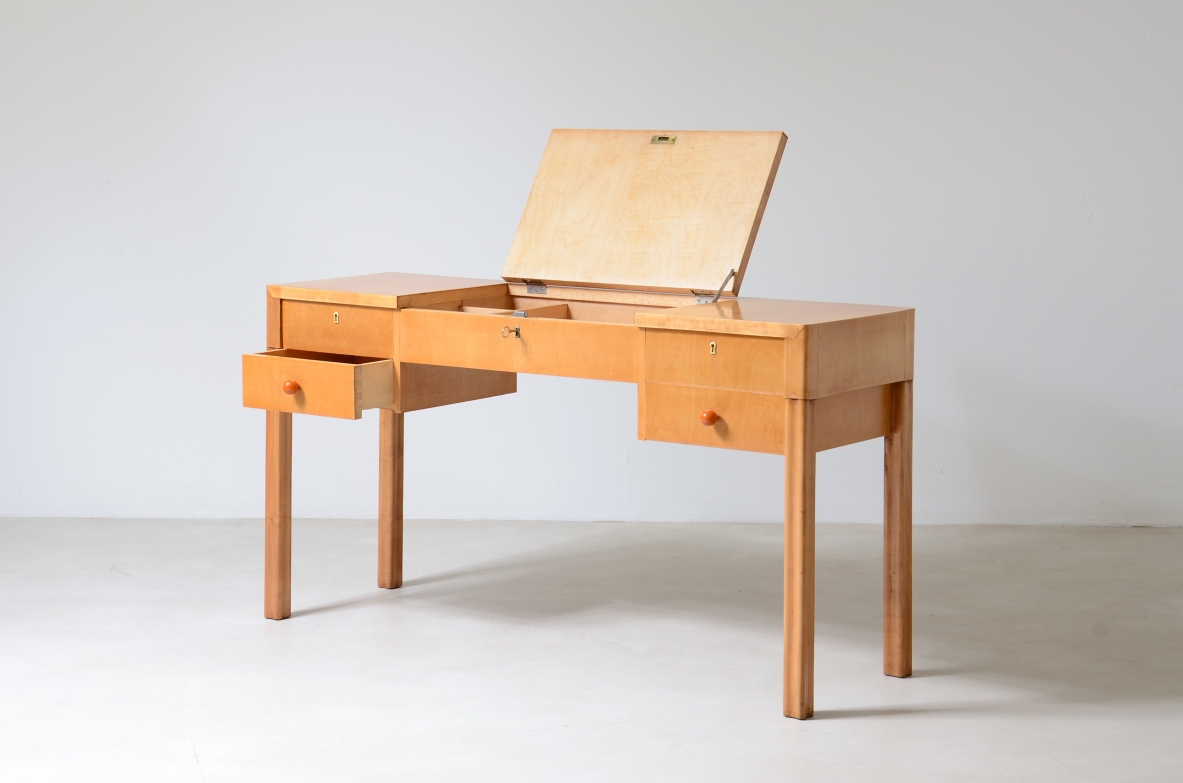 Serafino Arrighi  Petinoise console in blond wood with mirror and drawers.  Serafino Arrighi manufacture, lable production late 1940s