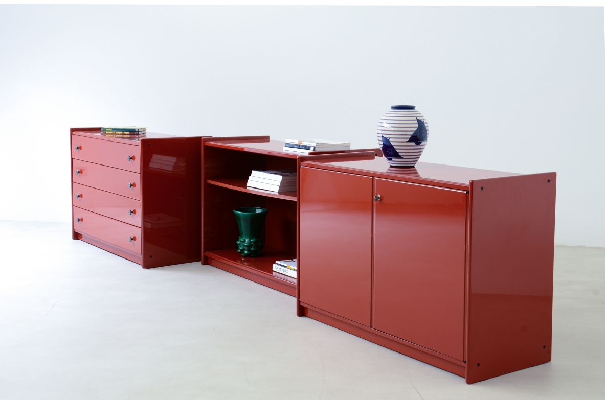 Takahama Storage unit composed of three different modules in lacquered wood. 